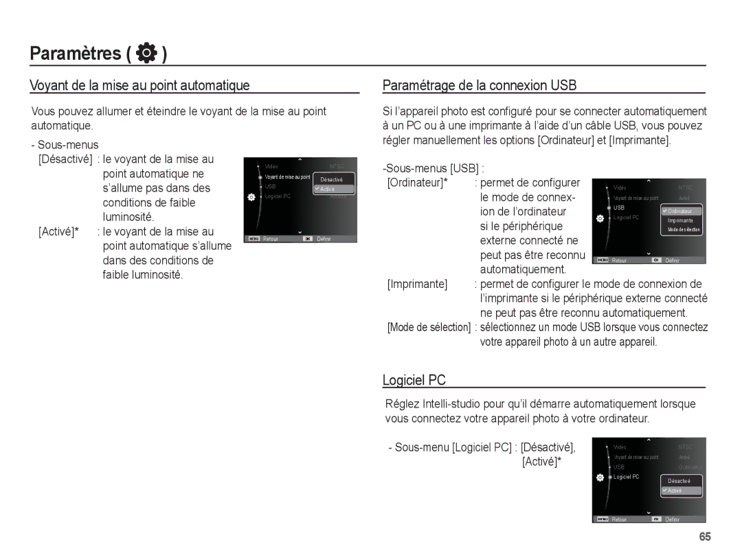 Samsung EC-ST71ZZBDUE1 manual Voyant de la mise au point automatique, Paramétrage de la connexion USB, Logiciel PC 