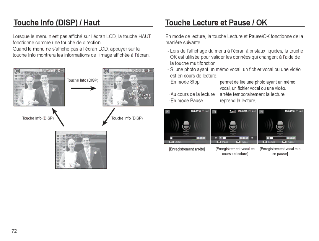 Samsung EC-ST71ZZBDSE1 Touche Lecture et Pause / OK, ·En mode Pause Reprend la lecture, Arrête temporairement la lecture 