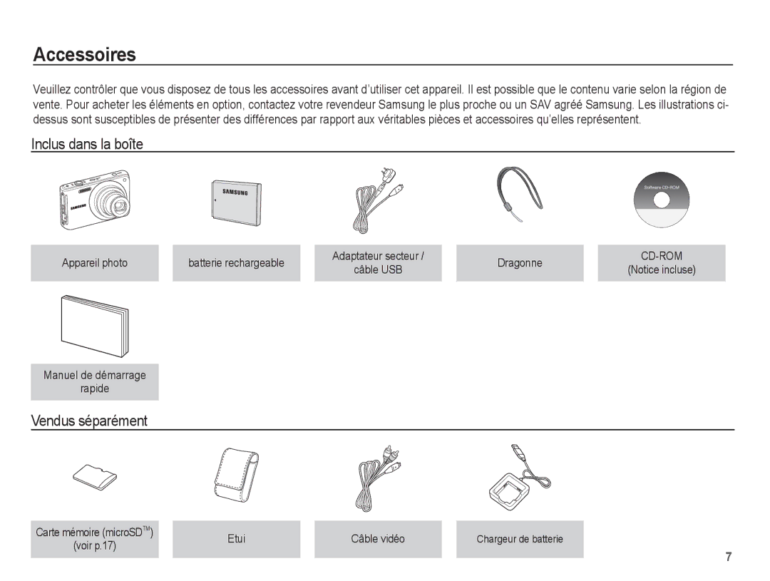 Samsung EC-ST70ZZBPOE1, EC-ST71ZZBDSE1, EC-ST71ZZBDUE1, EC-ST70ZZBPUE1 Accessoires, Inclus dans la boîte, Vendus séparément 