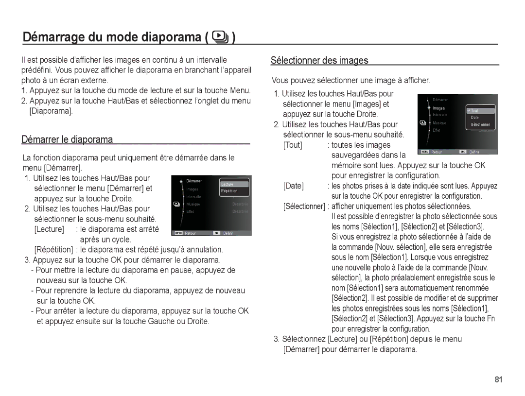 Samsung EC-ST71ZZBDUE1, EC-ST70ZZBPOE1 manual Démarrage du mode diaporama, Démarrer le diaporama, Sélectionner des images 