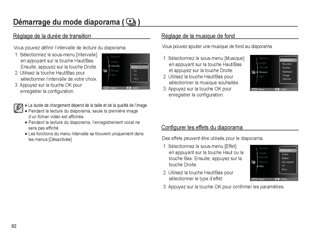 Samsung EC-ST70ZZBPUE1, EC-ST70ZZBPOE1, EC-ST71ZZBDSE1 Réglage de la durée de transition, Réglage de la musique de fond 