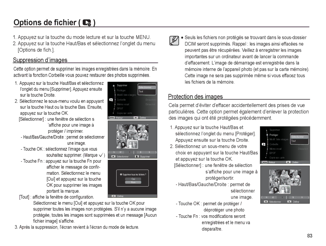 Samsung EC-ST70ZZBPBE1, EC-ST70ZZBPOE1, EC-ST71ZZBDSE1 manual Options de fichier, Suppression d’images, Protection des images 