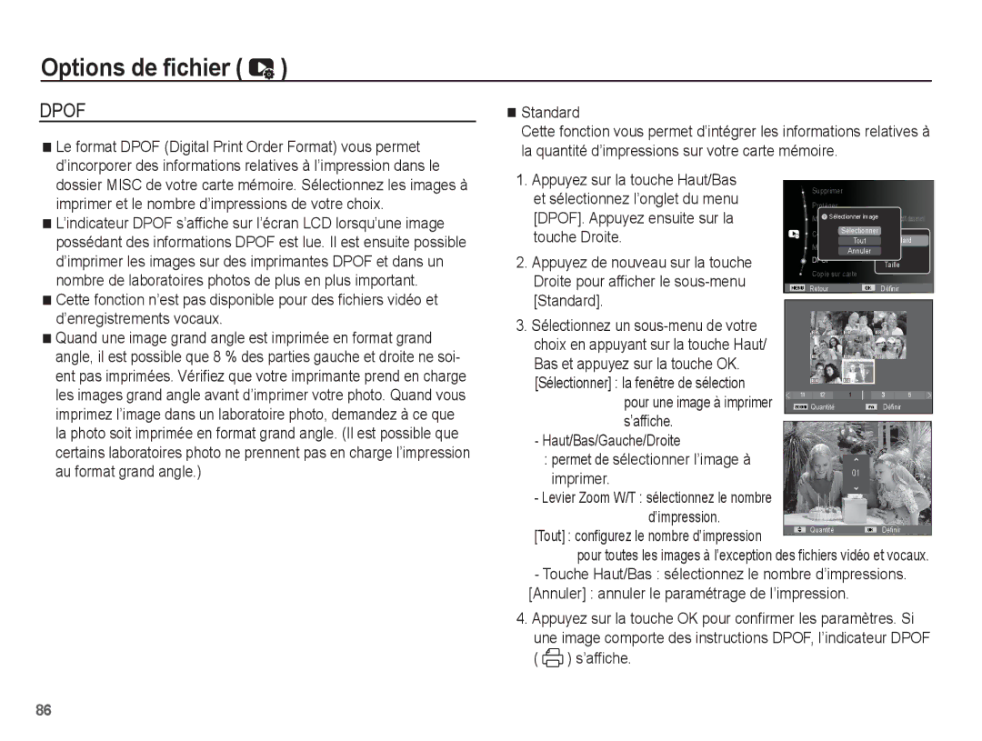 Samsung EC-ST70ZZBPBGS Standard, DPOF. Appuyez ensuite sur la, Touche Droite, Appuyez de nouveau sur la touche, Imprimer 