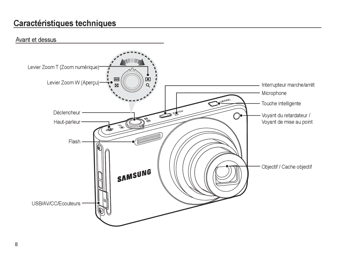 Samsung EC-ST71ZZBDSE1, EC-ST70ZZBPOE1, EC-ST71ZZBDUE1, EC-ST70ZZBPUE1 manual Caractéristiques techniques, Avant et dessus 