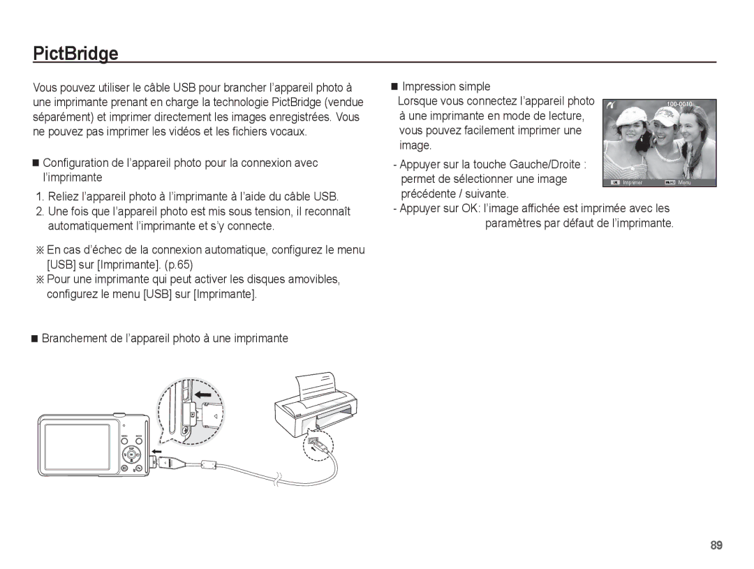 Samsung EC-ST71ZZBDUE1, EC-ST70ZZBPOE1, EC-ST71ZZBDSE1, EC-ST70ZZBPUE1, EC-ST70ZZBPBE1 manual PictBridge, Précédente / suivante 