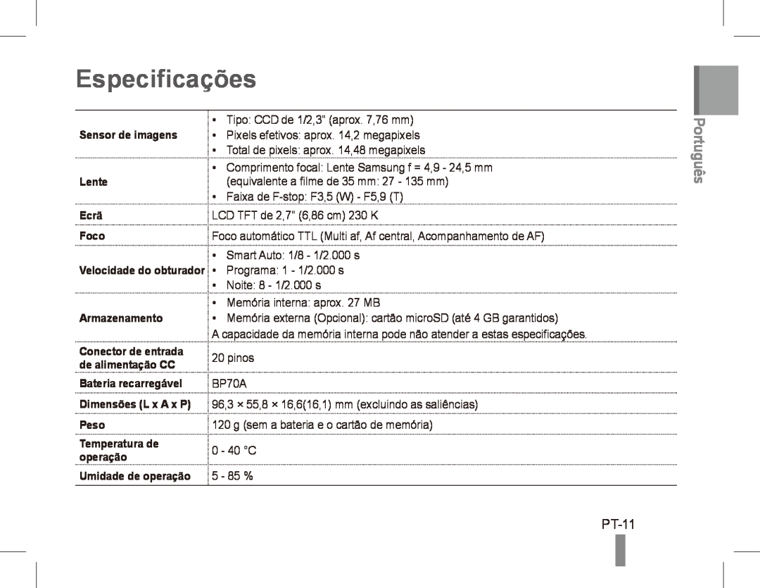 Samsung EC-ST70ZZBPSIT manual Especificações, PT-11, Português, Sensor de imagens, Lente, Ecrã, Foco, Armazenamento 