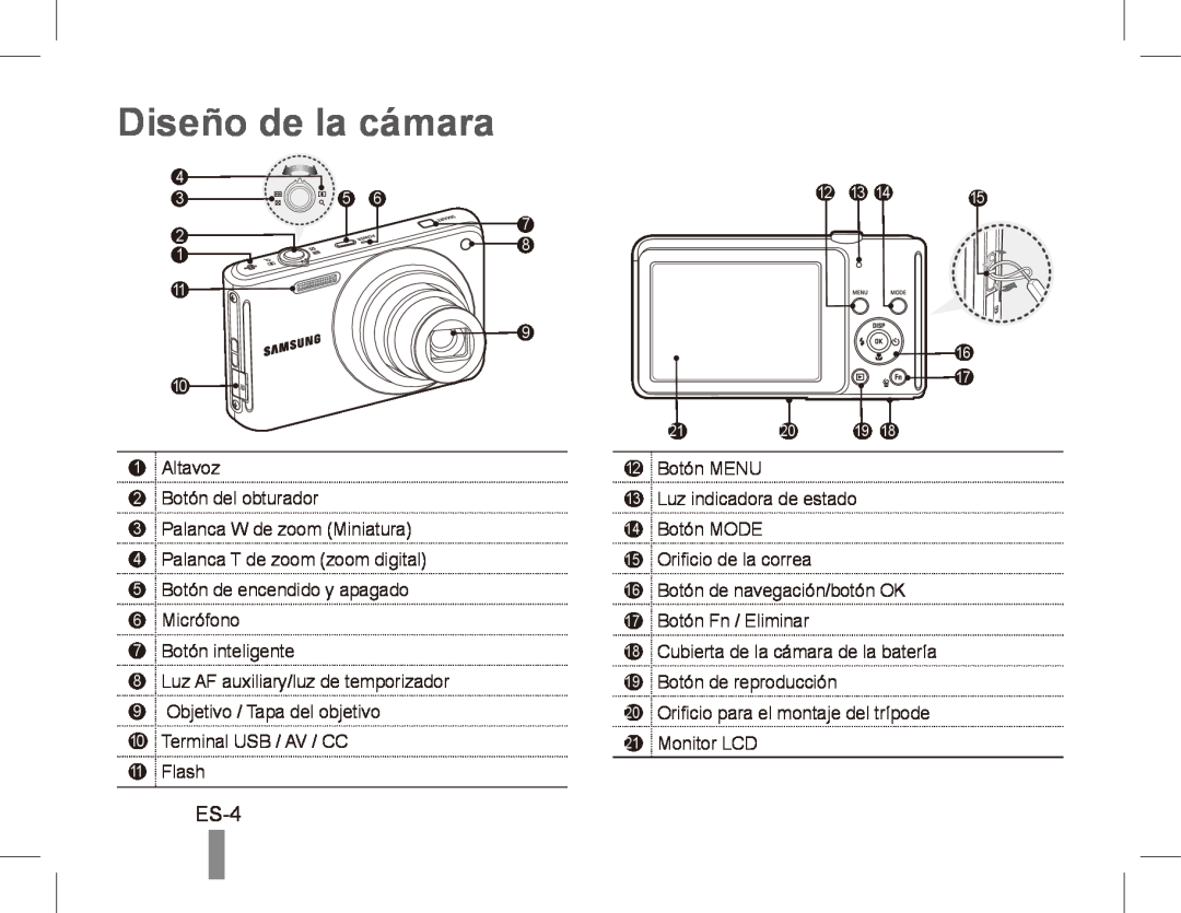 Samsung EC-ST70ZZBPOSA, EC-ST70ZZBPOE1, EC-ST71ZZBDSE1, EC-ST71ZZBDUE1, EC-ST70ZZBPUE1 manual Diseño de la cámara, ES-4 