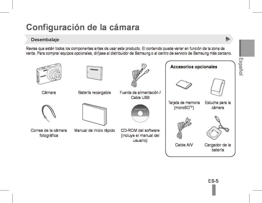 Samsung EC-ST70ZZBPSSA, EC-ST70ZZBPOE1 manual Configuración de la cámara, ES-5, Desembalaje, Accesorios opcionales, Español 