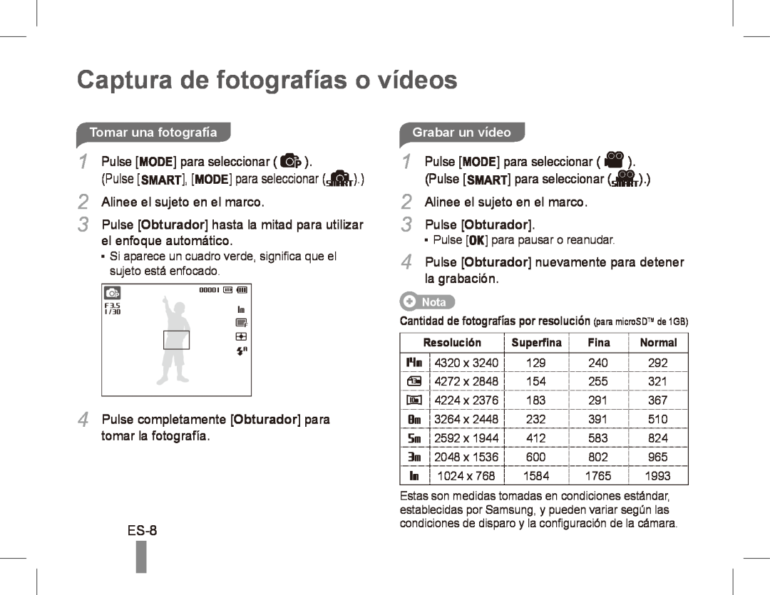 Samsung EC-ST70ZZBPUSA, EC-ST70ZZBPOE1, EC-ST71ZZBDSE1 manual Captura de fotografías o vídeos, ES-8, Grabar un vídeo 