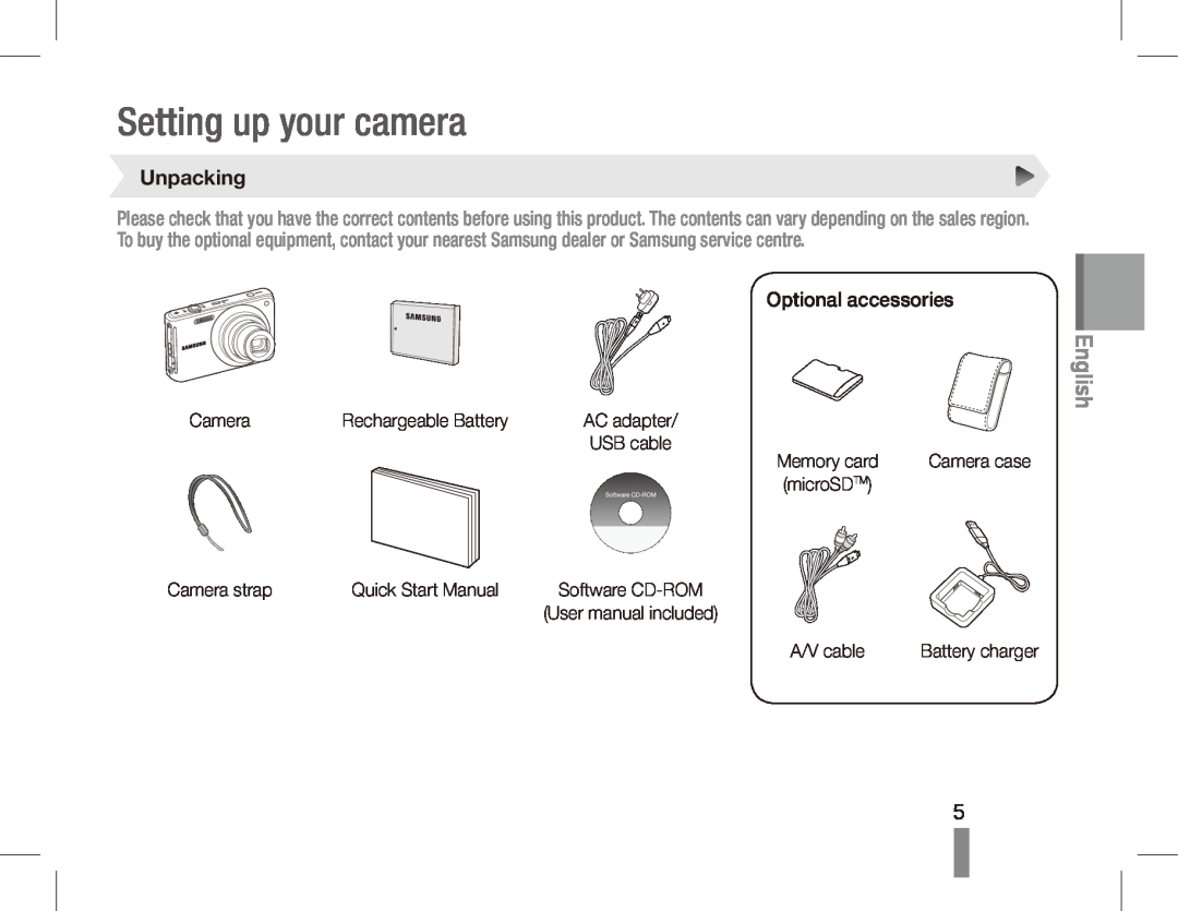 Samsung EC-ST70ZZBPUDX, EC-ST70ZZBPOE1, EC-ST71ZZBDSE1, EC-ST71ZZBDUE1 manual Setting up your camera, Unpacking, English 