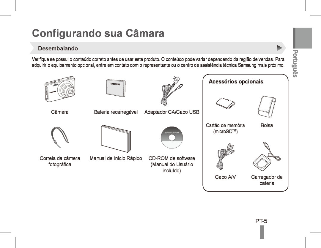 Samsung EC-ST70ZZBPSE1, EC-ST70ZZBPOE1 manual Configurando sua Câmara, PT-5, Desembalando, Acessórios opcionais, Português 