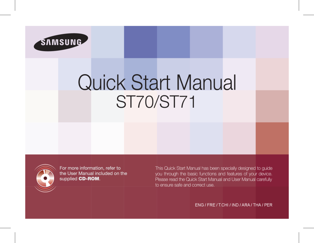 Samsung EC-ST71ZZBDSE1, EC-ST70ZZBPOE1 manual Quick Start Manual, ST70/ST71, Eng / Fre / T.Chi / Ind / Ara / Tha / Per 