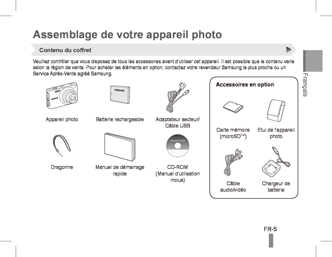 Samsung EC-ST70ZZBPSSA manual Assemblage de votre appareil photo, Français, FR-5, Contenu du coffret, Accessoires en option 