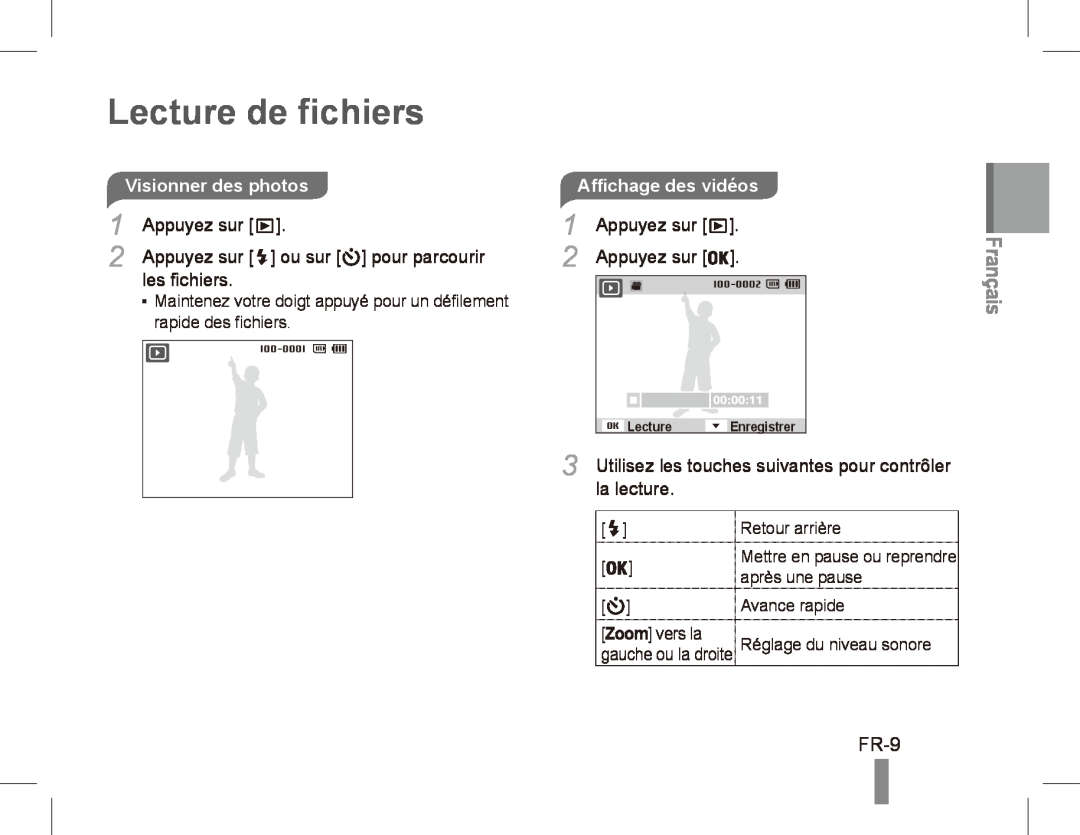 Samsung EC-ST70ZZDPUME manual Lecture de fichiers, Français, FR-9, la lecture, Visionner des photos, Affichage des vidéos 
