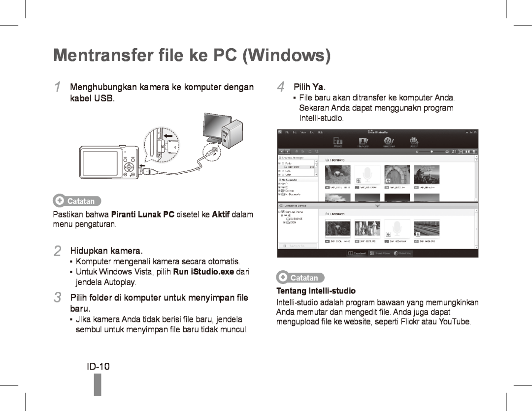 Samsung EC-ST70ZZBPOE3, EC-ST70ZZBPOE1 manual Mentransfer file ke PC Windows, ID-10, Catatan, Tentang Intelli-studio 