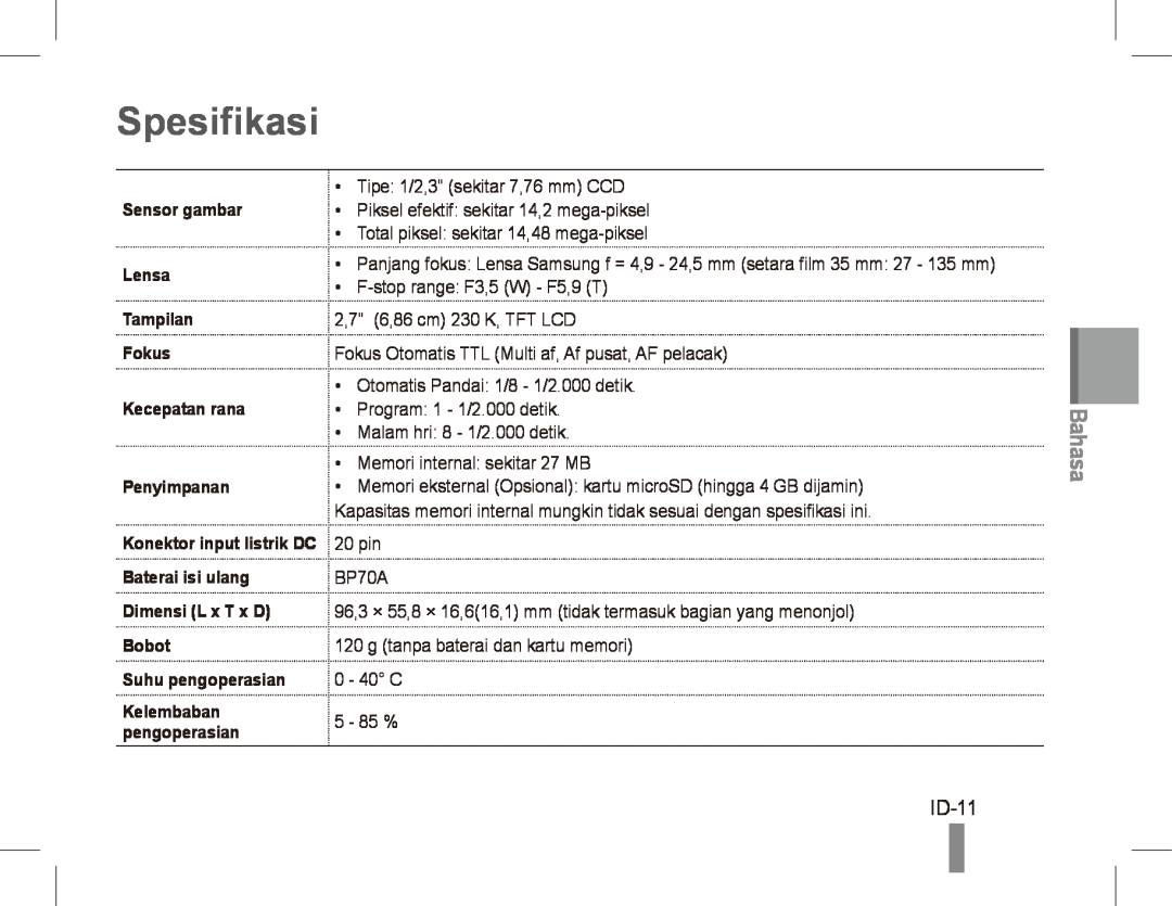 Samsung EC-ST70ZZBPSE3 manual Spesifikasi, Bahasa, ID-11, Sensor gambar, Lensa Tampilan Fokus Kecepatan rana Penyimpanan 