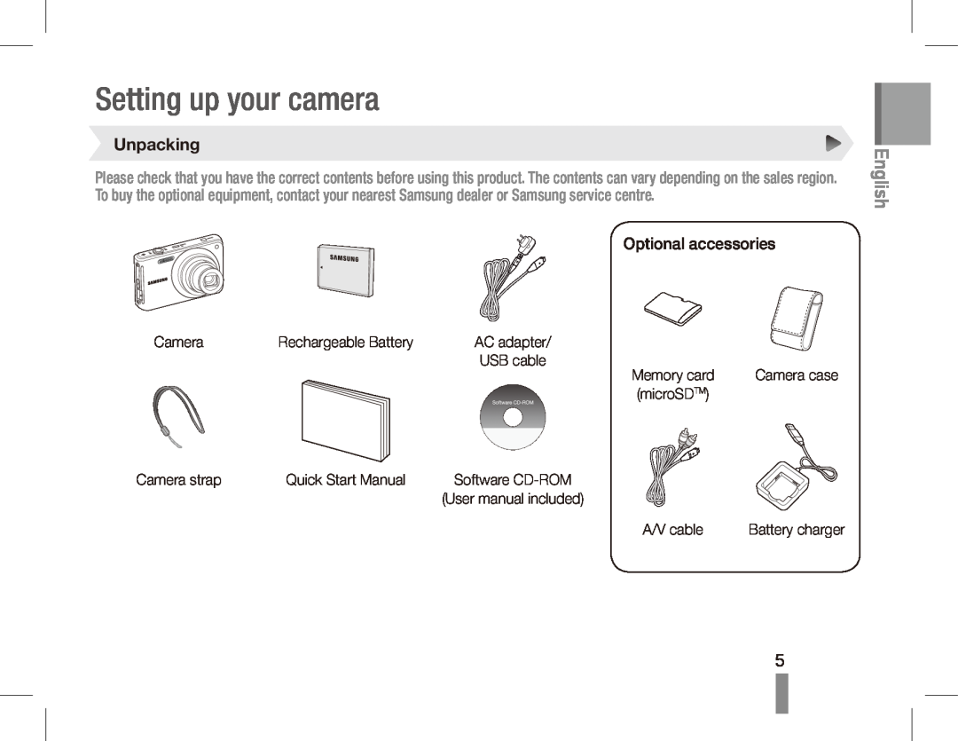Samsung EC-ST70ZZBPSE1, EC-ST70ZZBPOE1, EC-ST71ZZBDSE1, EC-ST71ZZBDUE1 manual Setting up your camera, English, Unpacking 
