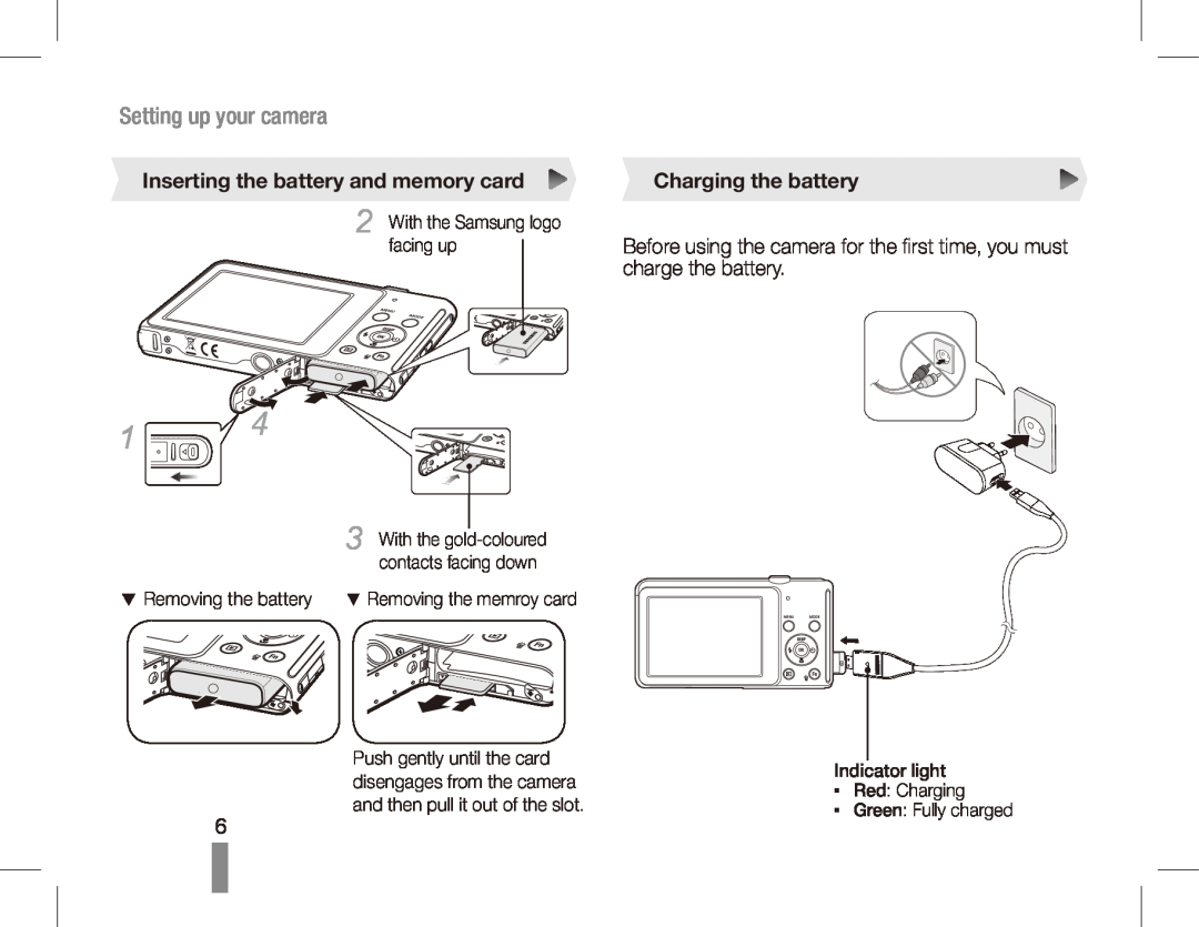Samsung EC-ST71ZZBDBE1, EC-ST70ZZBPOE1 Setting up your camera, Inserting the battery and memory card, Charging the battery 
