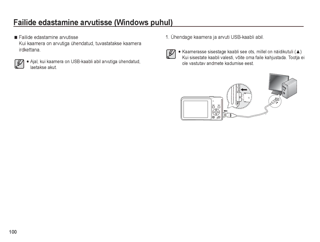 Samsung EC-ST70ZZBPORU, EC-ST70ZZBPURU, EC-ST70ZZBPSRU, EC-ST70ZZBPBRU manual Ühendage kaamera ja arvuti USB-kaabli abil 