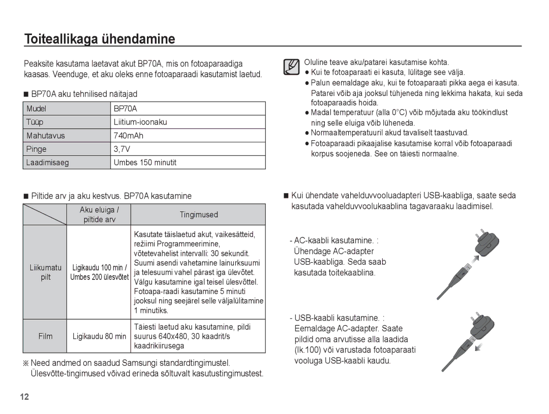 Samsung EC-ST70ZZBPORU, EC-ST70ZZBPURU, EC-ST70ZZBPSRU manual Toiteallikaga ühendamine, BP70A aku tehnilised näitajad 