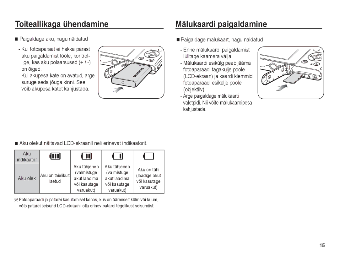 Samsung EC-ST70ZZBPURU manual Mälukaardi paigaldamine, Aku olekut näitavad LCD-ekraanil neli erinevat indikaatorit 