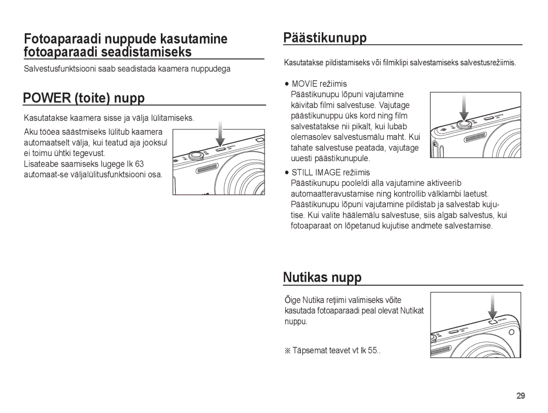 Samsung EC-ST70ZZBPSRU, EC-ST70ZZBPURU, EC-ST70ZZBPORU, EC-ST70ZZBPBRU manual Power toite nupp, Päästikunupp, Nutikas nupp 