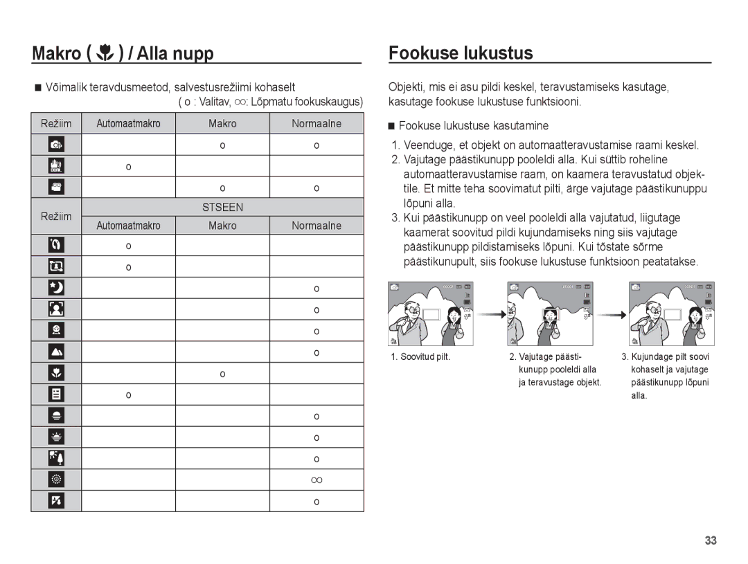 Samsung EC-ST70ZZBPSRU, EC-ST70ZZBPURU manual Fookuse lukustus, Võimalik teravdusmeetod, salvestusrežiimi kohaselt, Valitav 