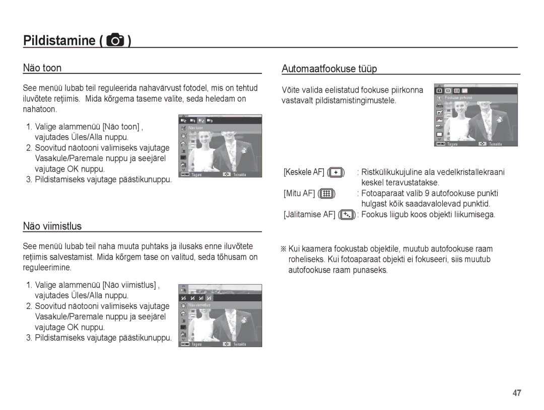 Samsung EC-ST70ZZBPURU, EC-ST70ZZBPORU, EC-ST70ZZBPSRU, EC-ST70ZZBPBRU manual Näo toon, Automaatfookuse tüüp, Näo viimistlus 