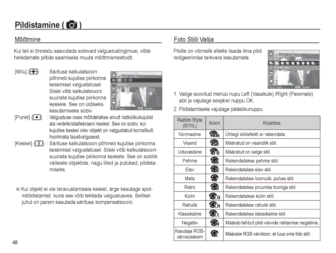 Samsung EC-ST70ZZBPORU, EC-ST70ZZBPURU, EC-ST70ZZBPSRU, EC-ST70ZZBPBRU manual Mõõtmine, Foto Stiili Valija 