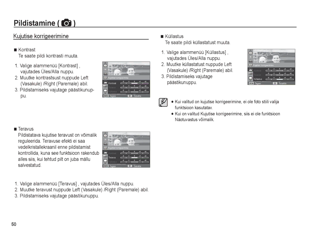 Samsung EC-ST70ZZBPBRU, EC-ST70ZZBPURU manual Kujutise korrigeerimine, Pildistamiseks vajutage päästikunup- pu, Teravus 