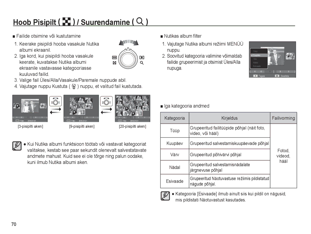 Samsung EC-ST70ZZBPBRU, EC-ST70ZZBPURU manual Valige fail Üles/Alla/Vasakule/Paremale nuppude abil, Iga kategooria andmed 