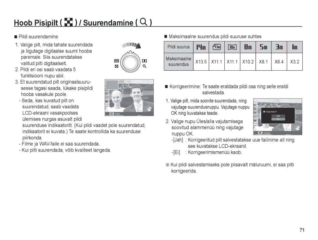 Samsung EC-ST70ZZBPURU Pildi suurendamine, Valitud pilti digitaalselt, LCD-ekraani vasakpoolses, OK ning kuvatakse teade 