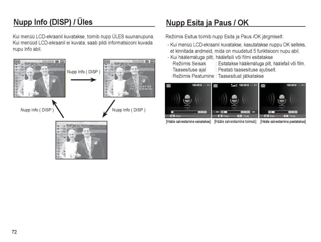 Samsung EC-ST70ZZBPORU Nupp Esita ja Paus / OK, Režiimis Esitus toimib nupp Esita ja Paus /OK järgmiselt, Nupp Info Disp 