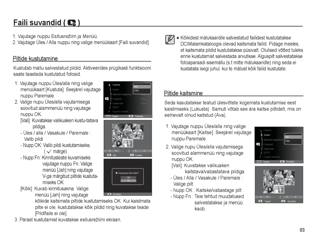 Samsung EC-ST70ZZBPURU, EC-ST70ZZBPORU, EC-ST70ZZBPSRU manual Faili suvandid, Piltide kustutamine, Piltide kaitsmine 