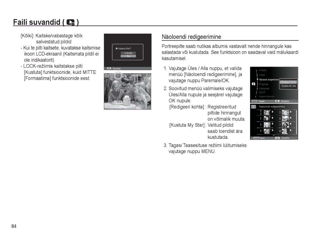 Samsung EC-ST70ZZBPORU manual Näoloendi redigeerimine, Ole indikaatorit, Kõiki Kaitske/vabastage kõik salvestatud pildid 