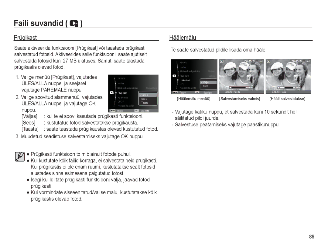 Samsung EC-ST70ZZBPSRU manual Prügikast, Te saate salvestatud pildile lisada oma hääle, ÜLES/ALLA nuppe, ja seejärel 