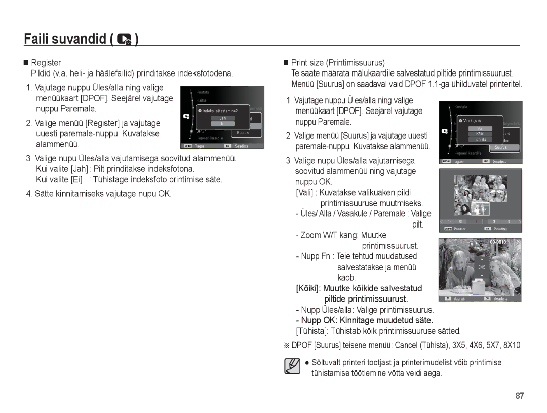 Samsung EC-ST70ZZBPURU, EC-ST70ZZBPORU Vajutage nuppu Üles/alla ning valige, Pilt, Zoom W/T kang Muutke Printimissuurust 