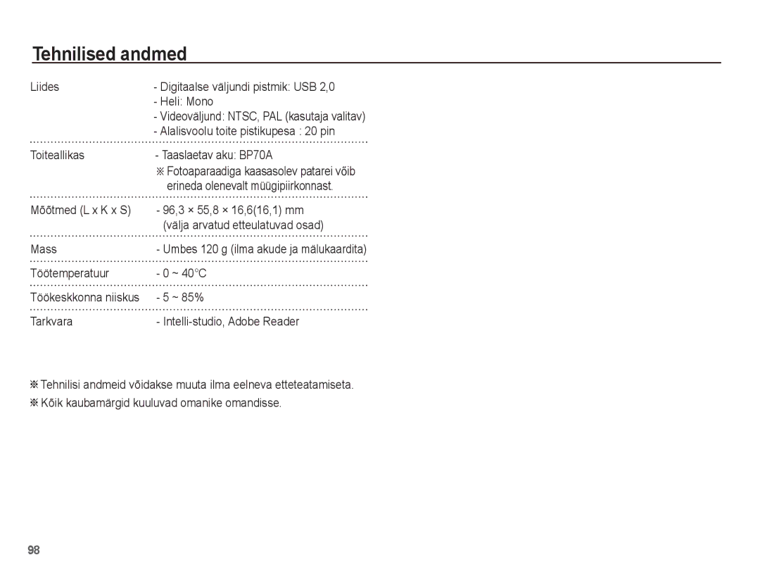 Samsung EC-ST70ZZBPBRU manual Liides, Heli Mono, Toiteallikas Taaslaetav aku BP70A, 96,3 × 55,8 × 16,616,1 mm, Mass, ~ 85% 