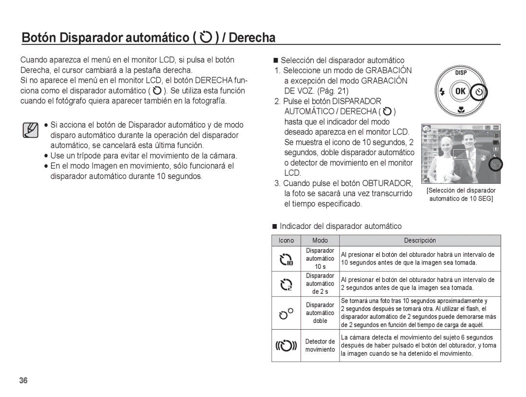 Samsung EC-ST70ZZBPBE1, EC-ST71ZZBDSE1 manual Botón Disparador automático / Derecha, Indicador del disparador automático 