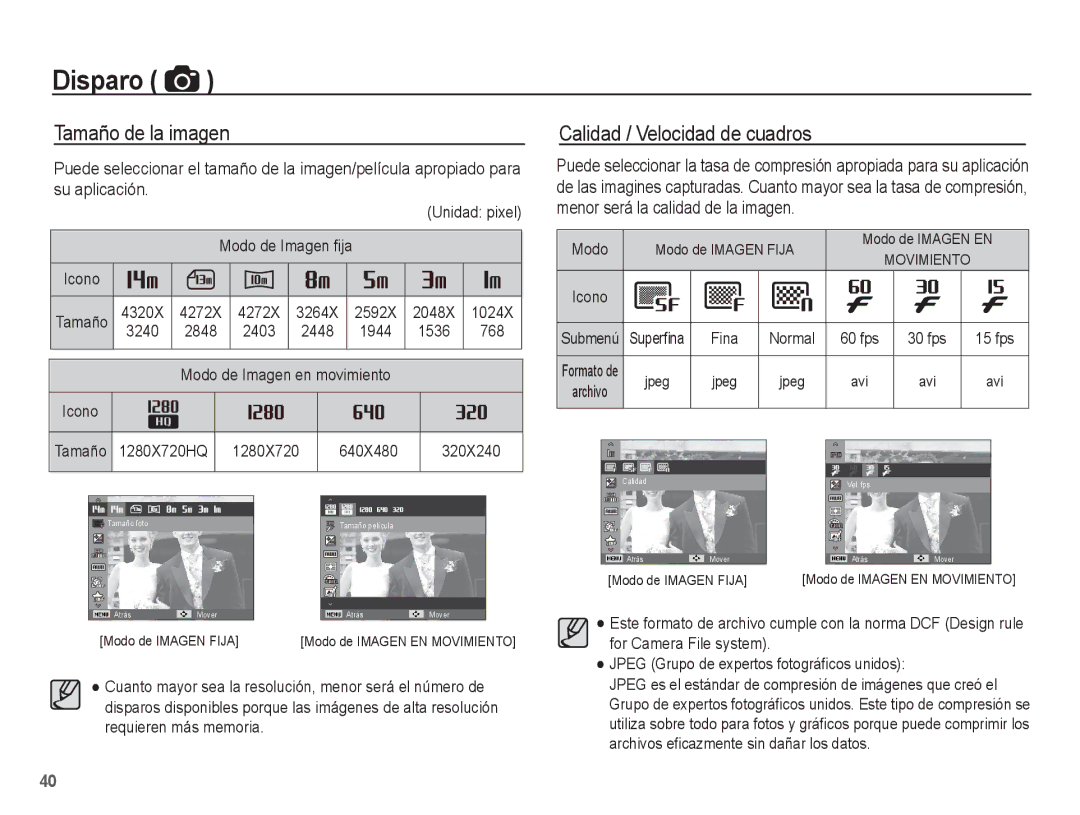 Samsung EC-ST70ZZBPSE1, EC-ST71ZZBDSE1, EC-ST70ZZBPBE1 manual Tamaño de la imagen, Calidad / Velocidad de cuadros 