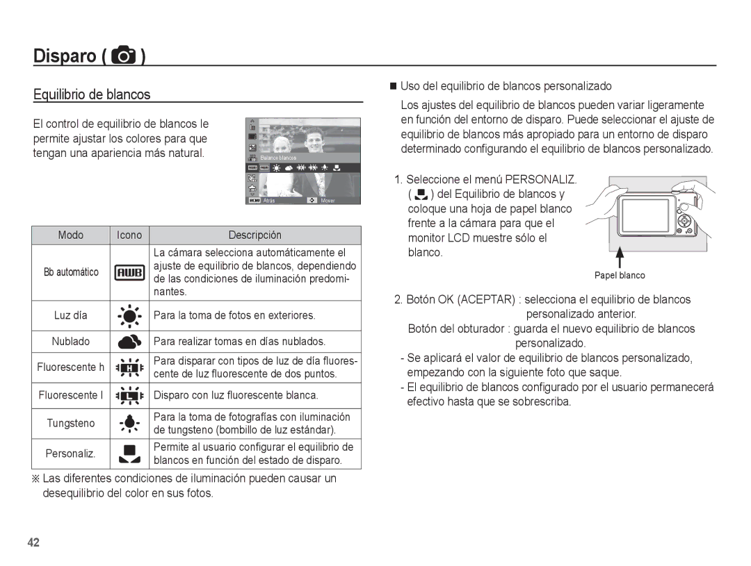 Samsung EC-ST70ZZBPBE1, EC-ST71ZZBDSE1, EC-ST70ZZBPSE1 manual Equilibrio de blancos, Personalizado 