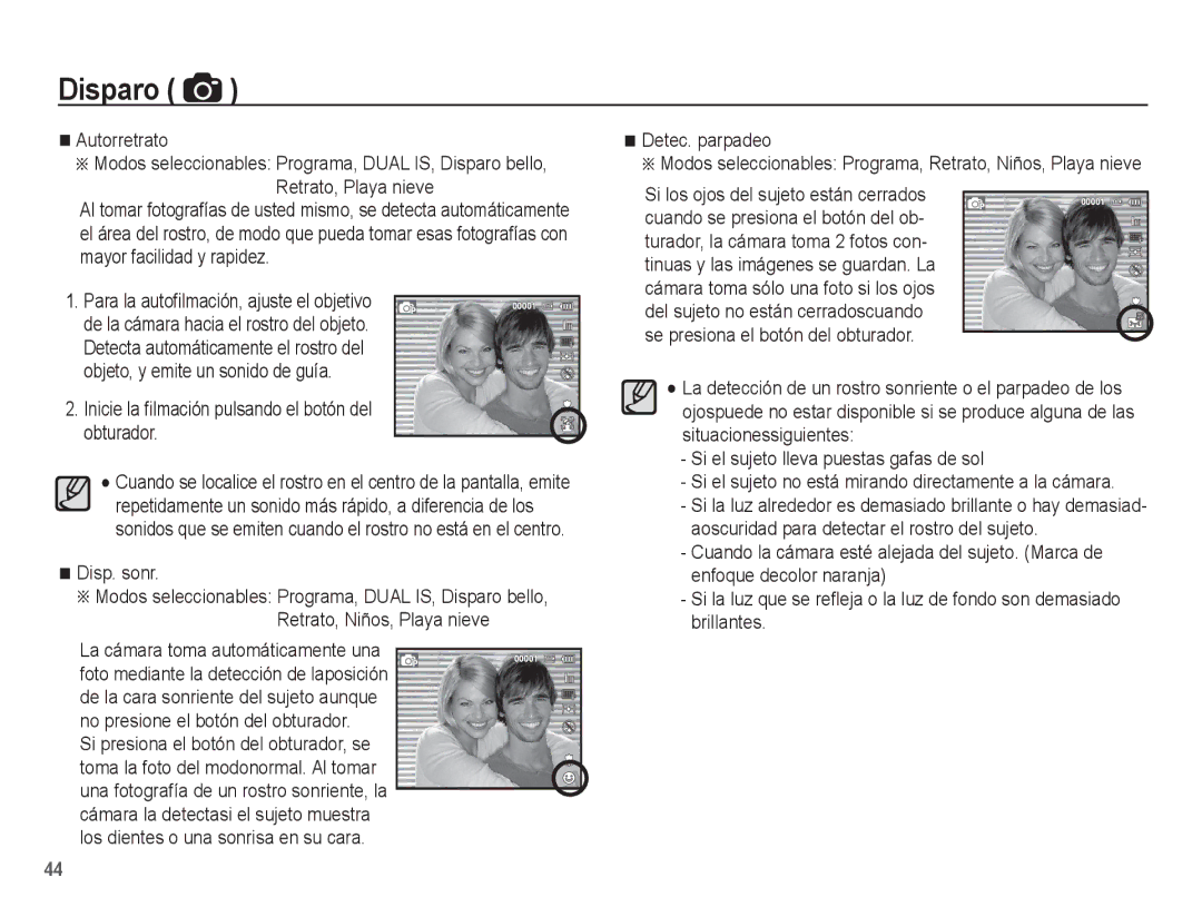 Samsung EC-ST71ZZBDSE1 manual Autorretrato, Inicie la ﬁlmación pulsando el botón del obturador, Disp. sonr, Detec. parpadeo 