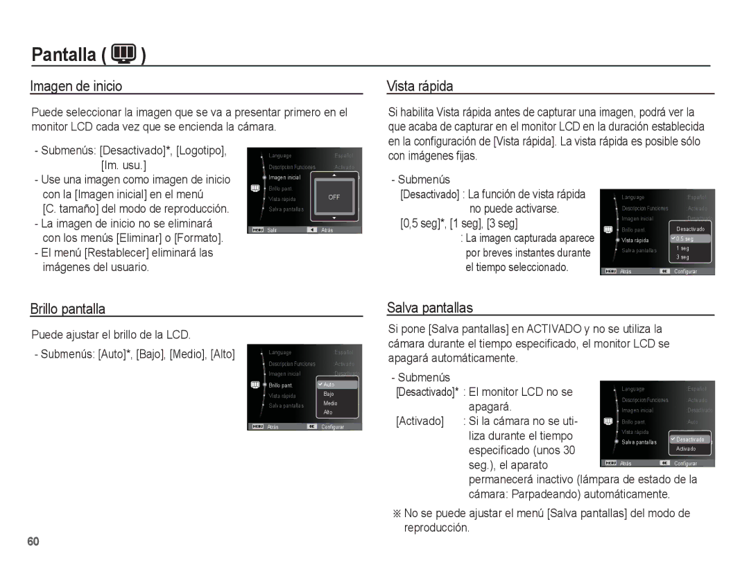 Samsung EC-ST70ZZBPBE1, EC-ST71ZZBDSE1, EC-ST70ZZBPSE1 manual Imagen de inicio, Vista rápida, Brillo pantalla Salva pantallas 