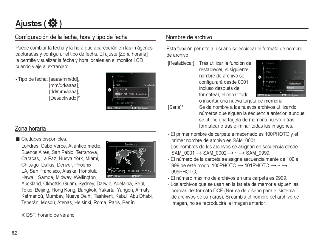 Samsung EC-ST71ZZBDSE1, EC-ST70ZZBPBE1 Conﬁguración de la fecha, hora y tipo de fecha, Zona horaria, Nombre de archivo 