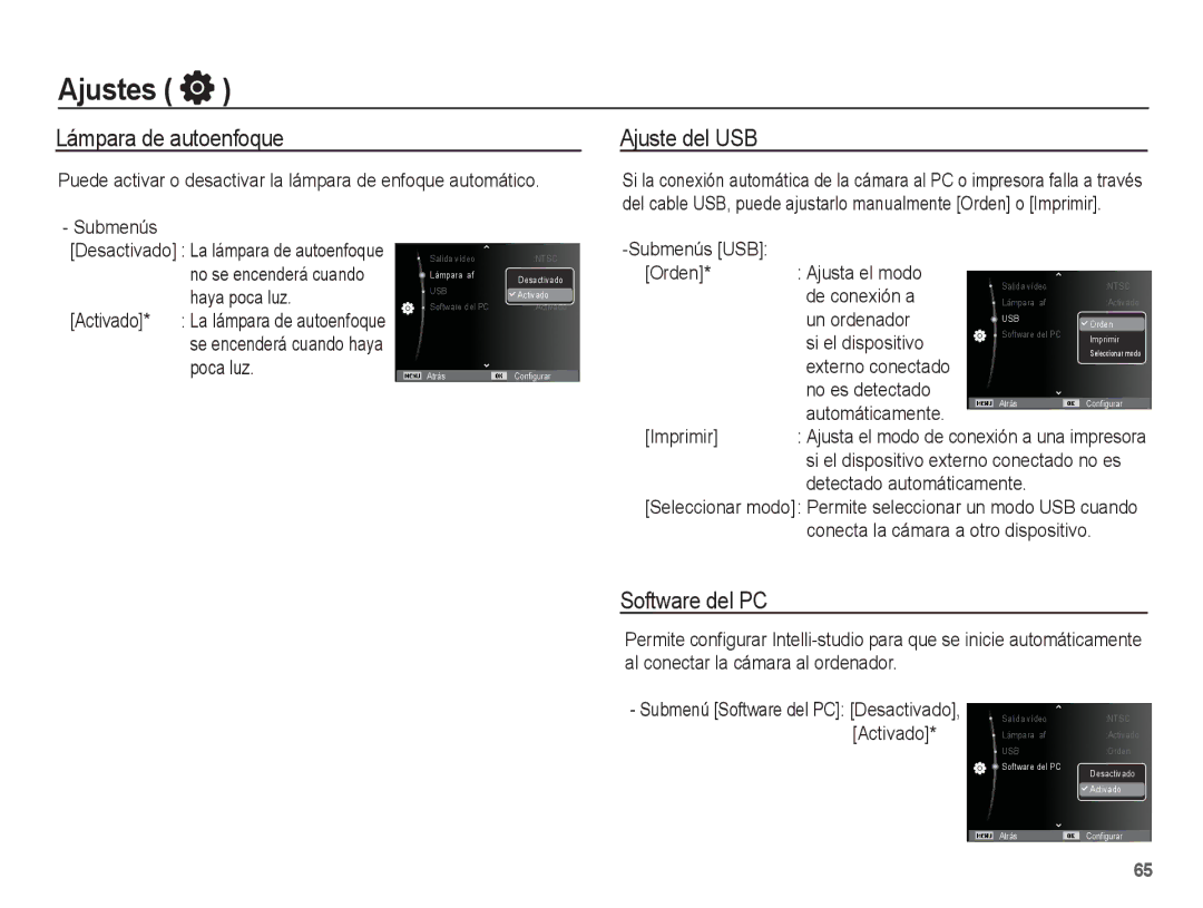 Samsung EC-ST71ZZBDSE1, EC-ST70ZZBPBE1, EC-ST70ZZBPSE1 manual Lámpara de autoenfoque, Ajuste del USB, Software del PC 