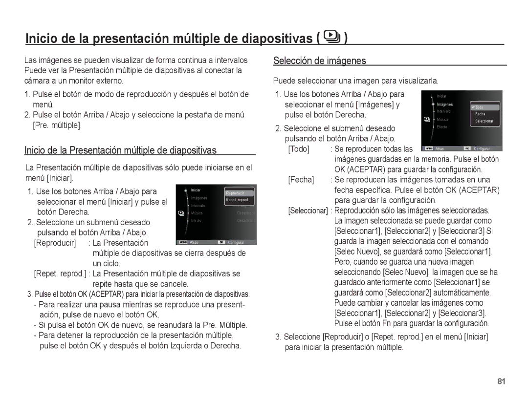 Samsung EC-ST70ZZBPBE1, EC-ST71ZZBDSE1 manual Inicio de la presentación múltiple de diapositivas, Selección de imágenes 