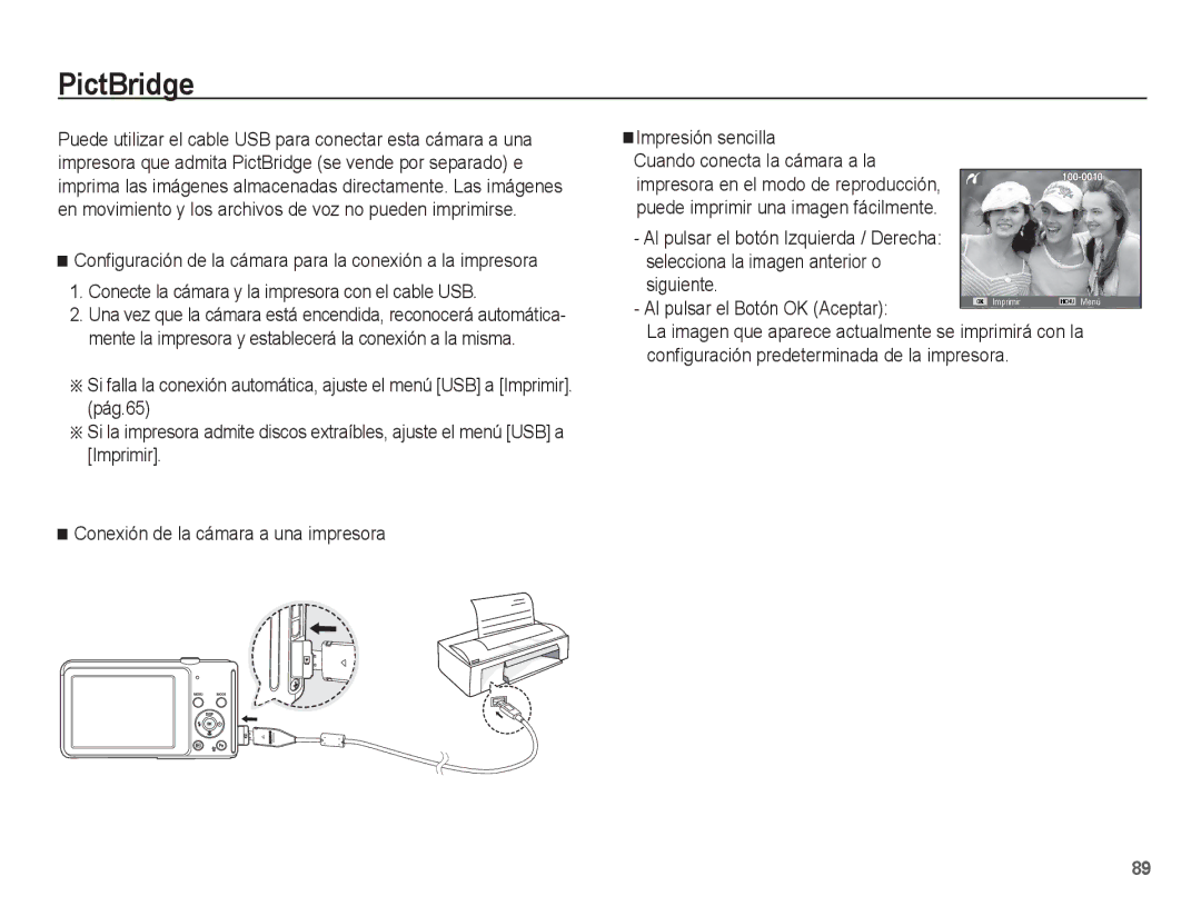 Samsung EC-ST71ZZBDSE1, EC-ST70ZZBPBE1, EC-ST70ZZBPSE1 manual PictBridge, Configuración predeterminada de la impresora 