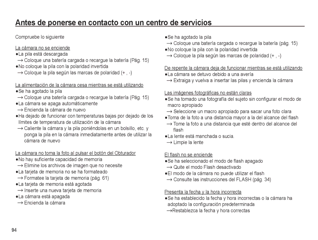 Samsung EC-ST70ZZBPSE1 Antes de ponerse en contacto con un centro de servicios, Presenta la fecha y la hora incorrecta 