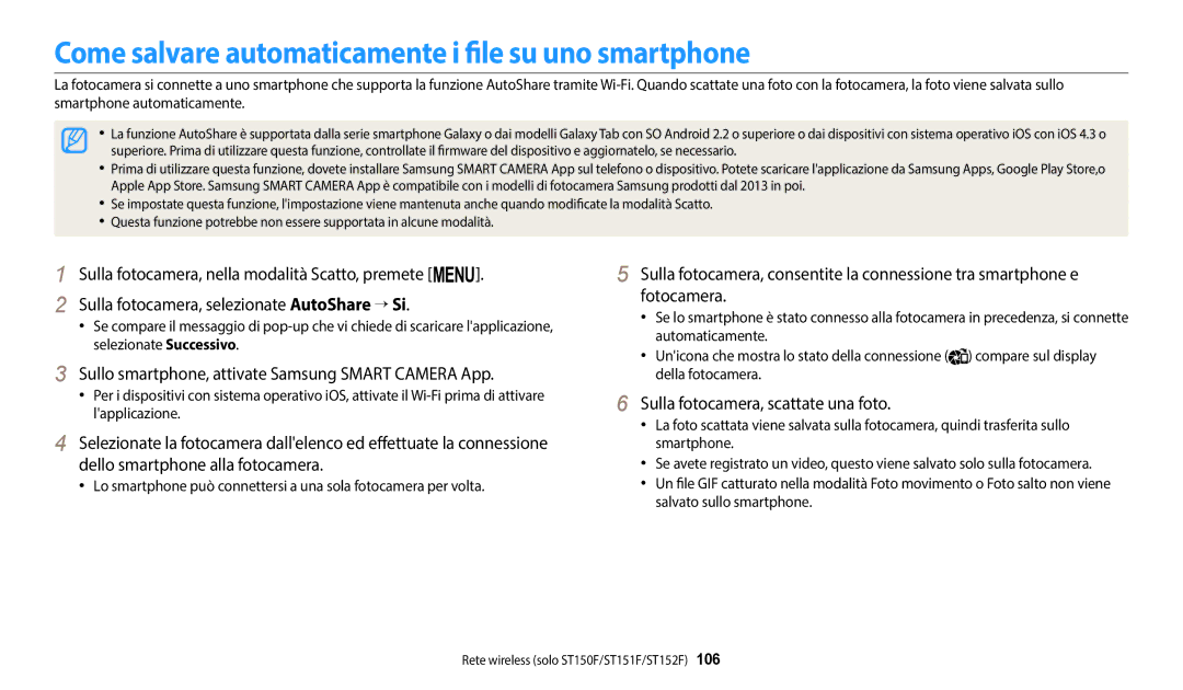 Samsung EC-ST72ZZBPWE1 manual Come salvare automaticamente i file su uno smartphone, Sulla fotocamera, scattate una foto 