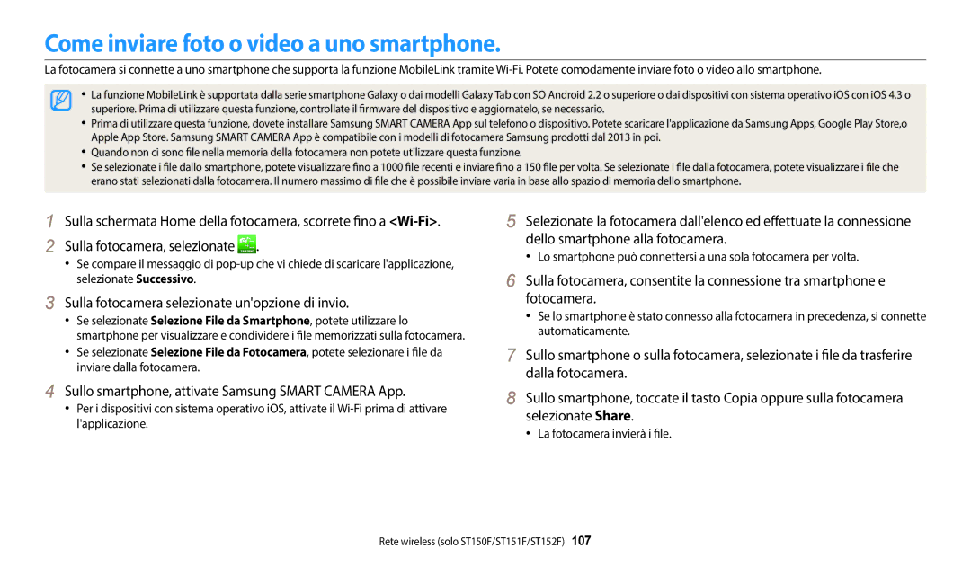 Samsung EC-ST150FBPBE1 manual Come inviare foto o video a uno smartphone, Sulla fotocamera selezionate unopzione di invio 